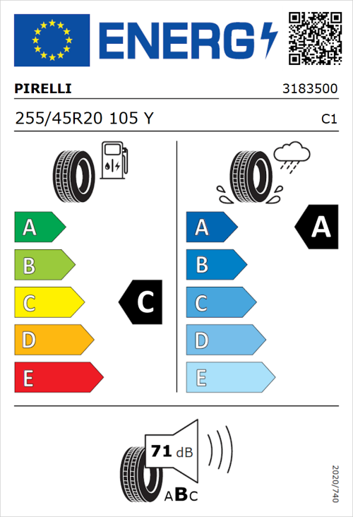 Tyre Label for Pirelli P Zero (PZ4) Sport Car 255/45R20 105Y