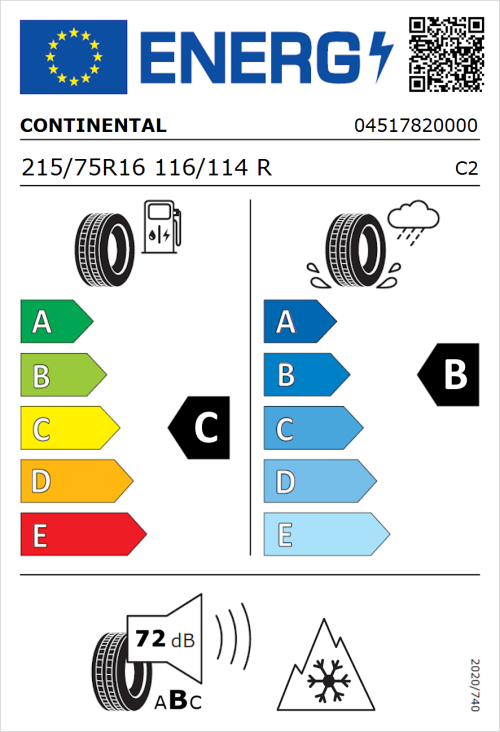 Tyre Label for Continental ContiVanContact 100 215/75R16 116/114R