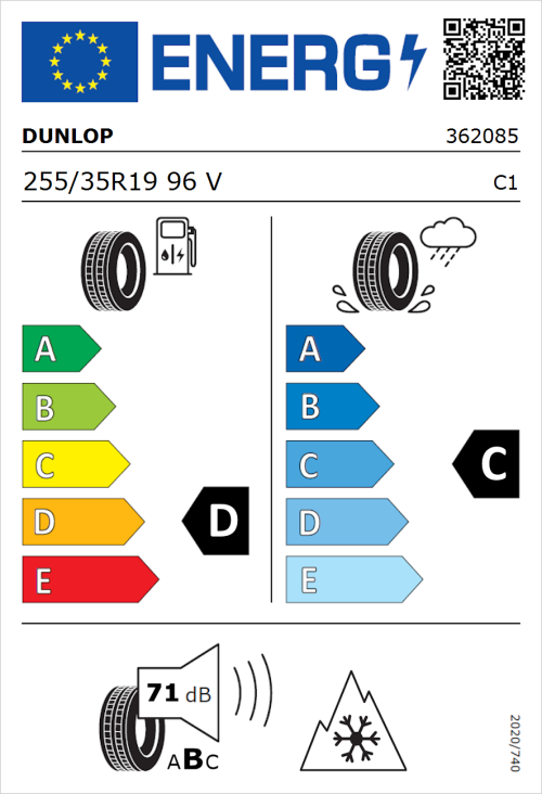 Tyre Label for Dunlop SP Winter Sport 3D 255/35R19 96V