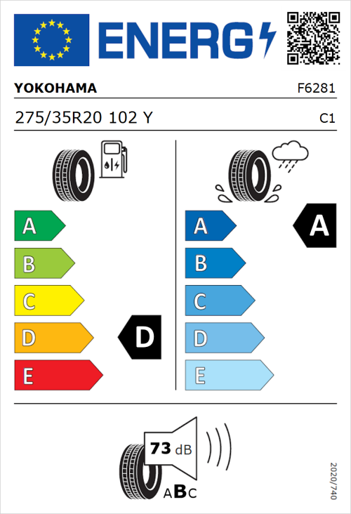 Tyre Label for Yokohama V105 275/35R20 102Y