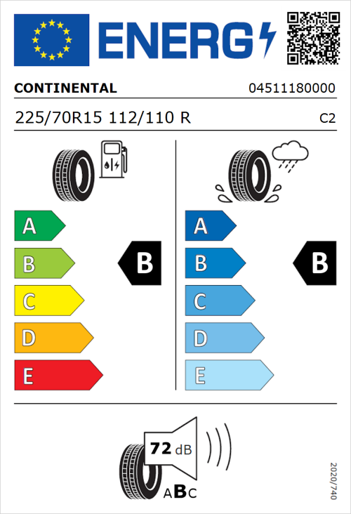 Tyre Label for Continental ContiVanContact 100 225/70R15 112/110R