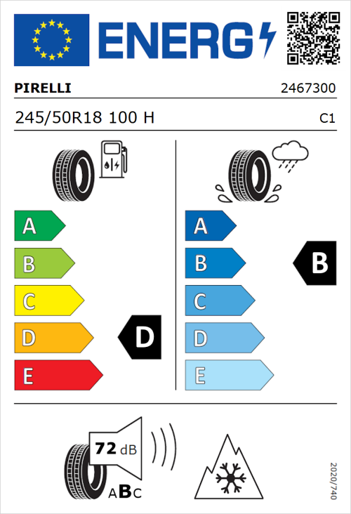 Tyre Label for Pirelli Winter Sottozero 3 245/50R18 100H